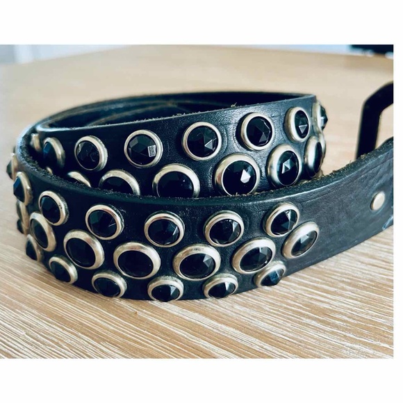 Absolutely stunning black leather belt with silver studs and black crystals. main image 5